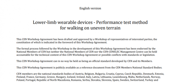 Publication of CWA 17664:2021 Lower-limb wearable devices – Performance test method for walking on uneven terrain